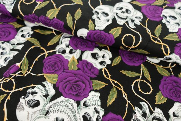 Baumwolldruck Totenköpfe mit lila Blüten